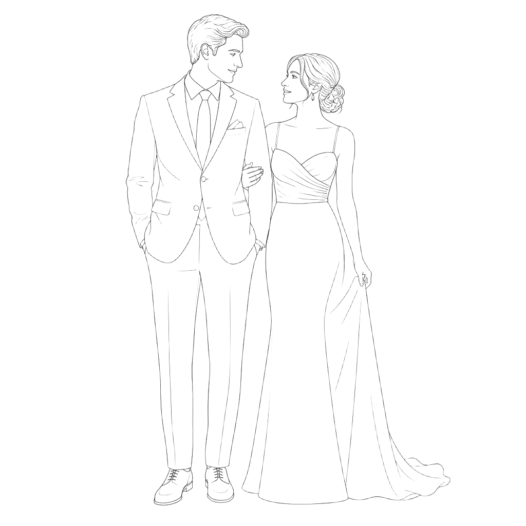 Ilustración a línea de un hombre en traje con corbata y una mujer en vestido