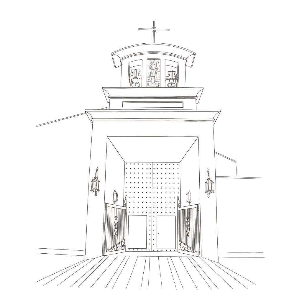 Ilustración a línea de la puerta de la Iglesia de San Isidro Labrador, Pino Montano, Sevilla